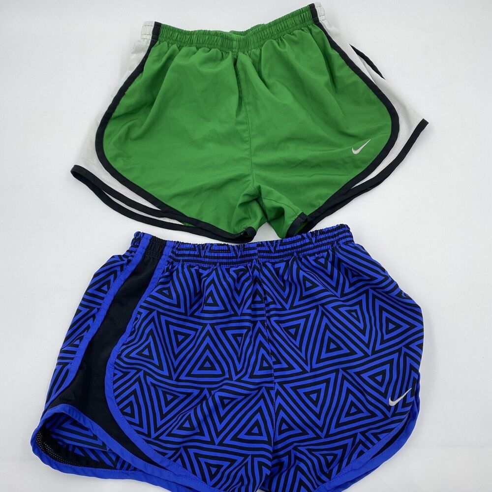Nike Womens Elastic Waist Dri-FIT Track Shorts Sz XS 2 Pairs Blue/Black & Green - Picture 1 of 7